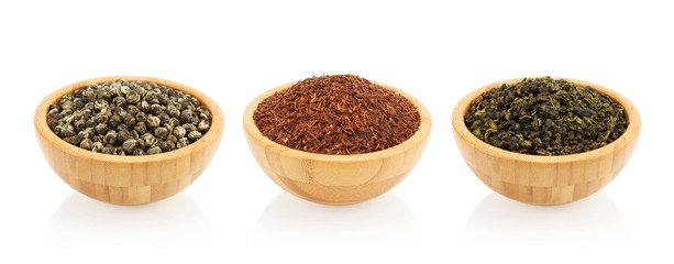 Assortment of tea in a wooden bowl