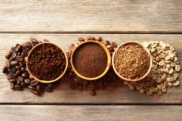 Poster Various of coffee in small dishes on wooden table, top view © Africa Studio