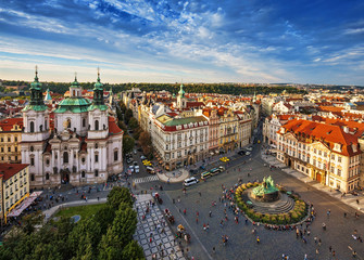 Panoramic view of Old Town Square in Prague, Czech Republic. Church of Our Lady before Tyn in Prague. Stare Mesto, Bohemia famous place in Prague. Architecture and landmark of Prague