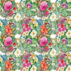 Floral Seamless Watercolor Pattern with Roses and Wildflowers