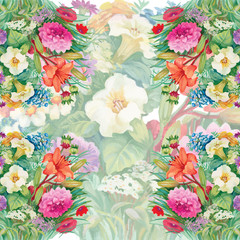 Floral Seamless Watercolor Pattern with Roses and Wildflowers