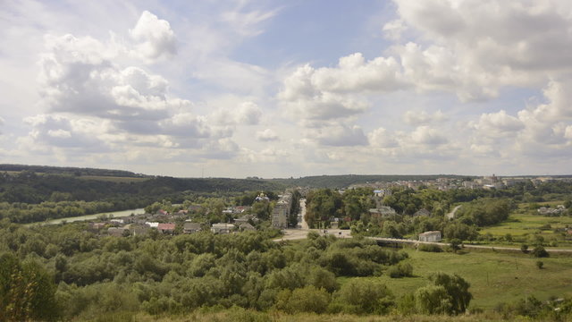 Time lapse of panorama view of Ukrainian town Husiatyn