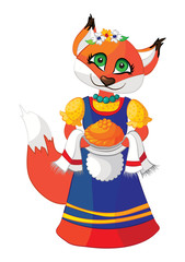 Cute fox in a dress with pastries hand.