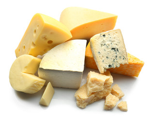 Various types of cheese isolated on white
