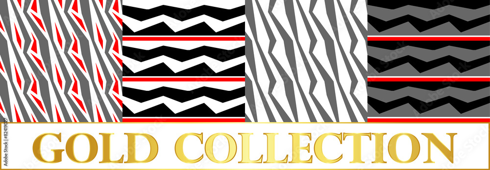 Poster patterns set broken gray stripes with red patches.