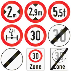 Collection of Austrian traffic signs defining size, weight and speed limits