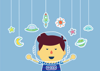 Kid who imagine about being in space with hanging