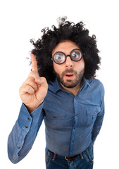Question of a man with crazy expression and puffy hair - obrazy, fototapety, plakaty