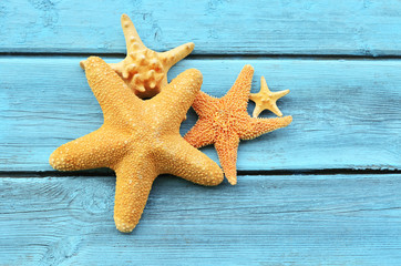 Starfish  on the wooden blue background.