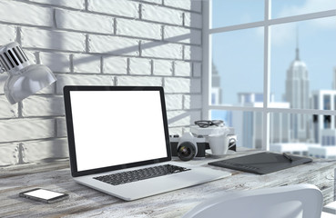 Fototapeta premium 3D illustration laptopand work stuff on table near brick wall in