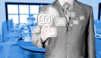 businessman holding in hand 5G, technology background