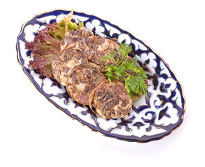 sliced horse meat sausage kazi close up on cutting wooden board