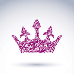 Flower-patterned vector crown, art royal symbol. King coronet 