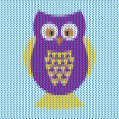 knitted cartoon funny purple and yellow owl vector background