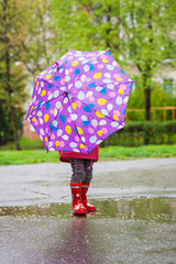 Back view of toddler girl with umbrella