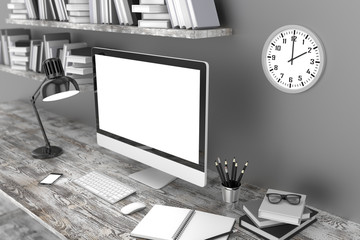 3D illustration PC screen on table in office, Workspace