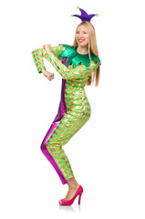 Woman wearing clown costume isolated on white
