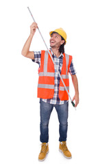 Construction worker with tape-line isolated  on white