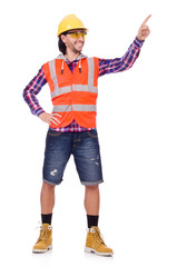 Young construction worker pressing vurtual button isolated on