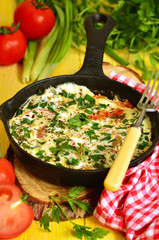 Omelet with tomato,green onion and herbs.