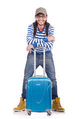 A tourist with bags isolated on white