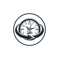 24 hours-a-day concept, clock face with dial and arrow around