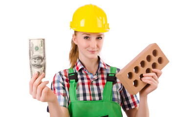 Female handyman in overalls isolated on white