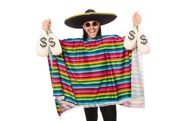Handsome man in vivid poncho holding money bags isolated on