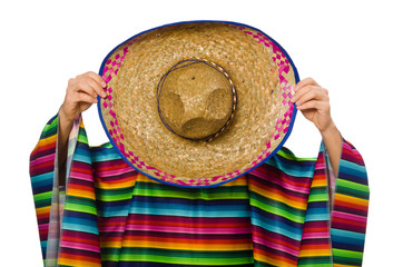 Handsome man in vivid poncho isolated on white