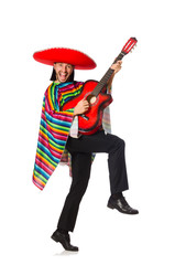 Mexican in vivid poncho holding guitar isolated on white