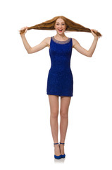 Pretty red hair girl in blue dress isolated on white