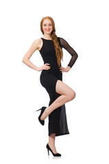 Fototapeta premium Young lady in elegant black dress isolated on white