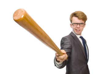 Young businessman with baseball bat isolated on white