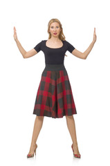 Beautiful young woman in plaid dress isolated on white