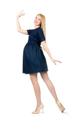 Naklejka premium Beautiful pregnant woman in blue dress isolated on white