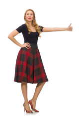 Naklejka premium Beautiful young woman in plaid dress isolated on white