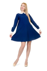 Beautiful pregnant woman in blue dress isolated on white