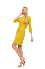 Pretty girl in yellow dress isolated on white