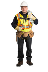 The man in a worker uniform and with building tools