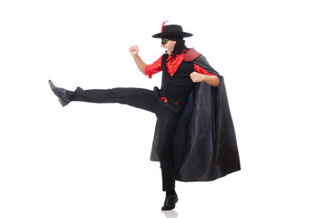 Young man in carnival coat isolated on white