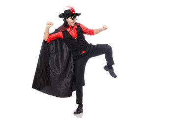 Young man in carnival coat isolated on white