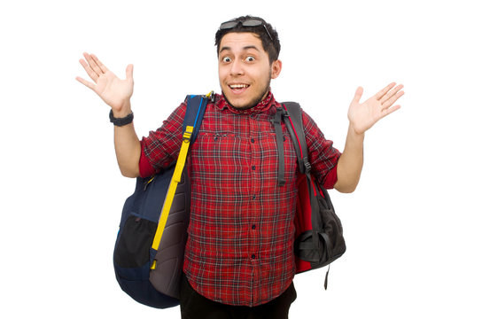 Young man with bags isolated on white