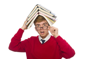 Funny student with books isolated on white
