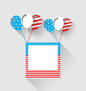 Photo frame and balloons in US national colors, long shadow styl
