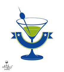 Martini glass with olive berry and decorative ribbon, alcohol an