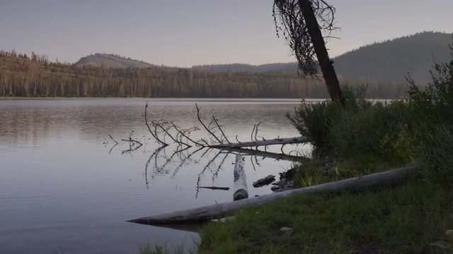 Wide shot scenic view of calm lake / Redfish Lake, Idaho, United States
