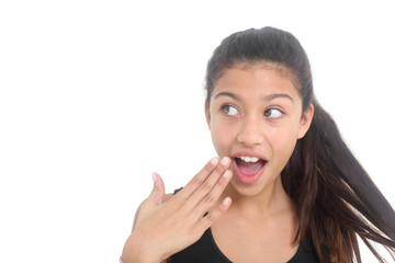 Fototapeta premium portrait of surprised girl on white background looking sideway 