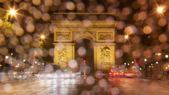 4K UHD Arch of Triumph rain at night Paris France Traffic time lapse motion blur