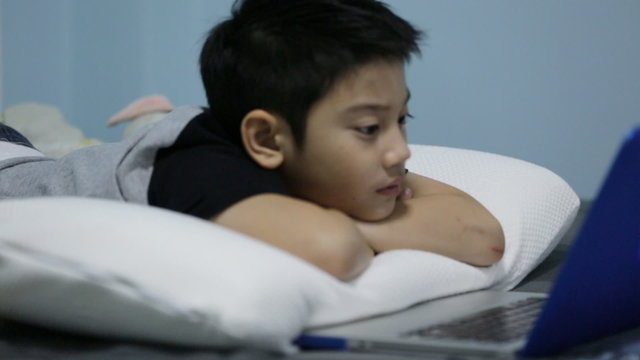 Asian cute boy watching and smile on laptop computer.