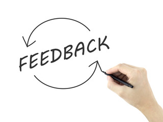 feedback word written by man's hand